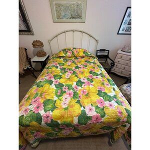 1970s flower power quilted bedspread full /queen yellow pink green